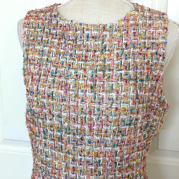 Alexia Admor Textured Multicolor Metallic Tweed Fringe Hem Sheath Dress - Picture 3 of 8